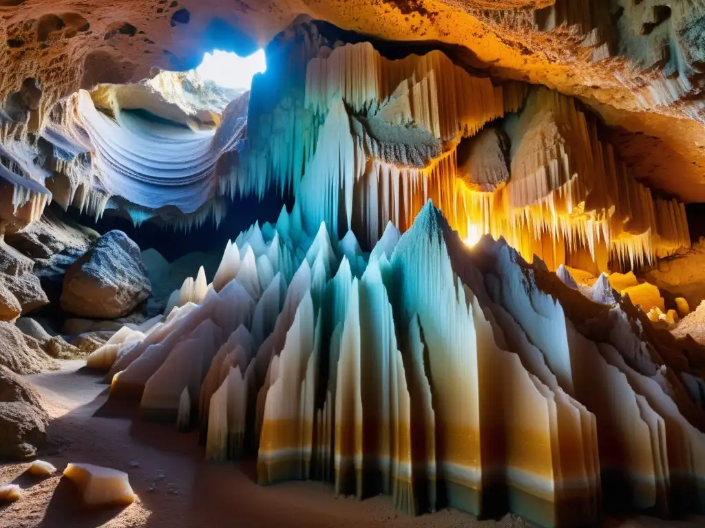 Formación de cueva con cristales de calcita y aragonita iluminados por luz cálida, destacando propiedades físicas y químicas de carbonatos