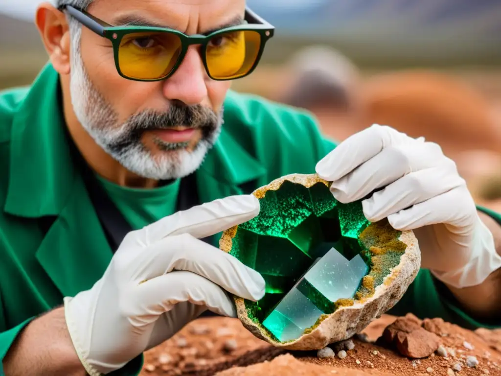 Un geólogo examina con cuidado un espécimen de roca verde esmeralda, en un laboratorio con equipo científico