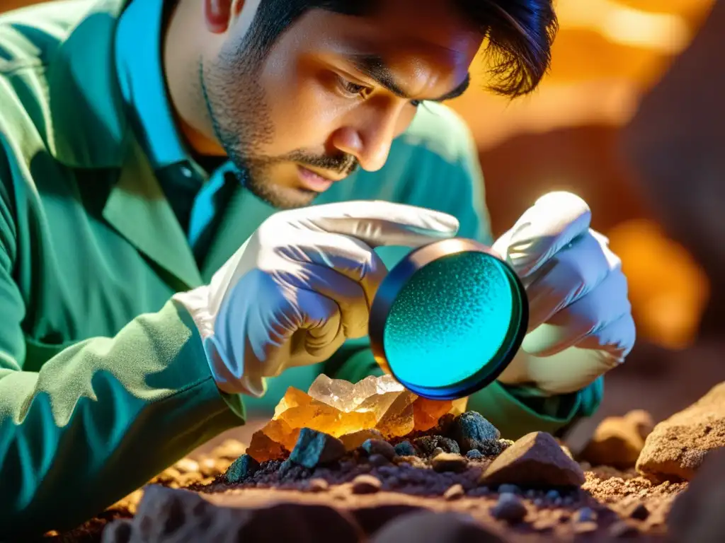 Un geólogo examina con cuidado un mineral recién extraído bajo una luz brillante, destacando la belleza y la importancia científica de la inversión en el mercado de minerales