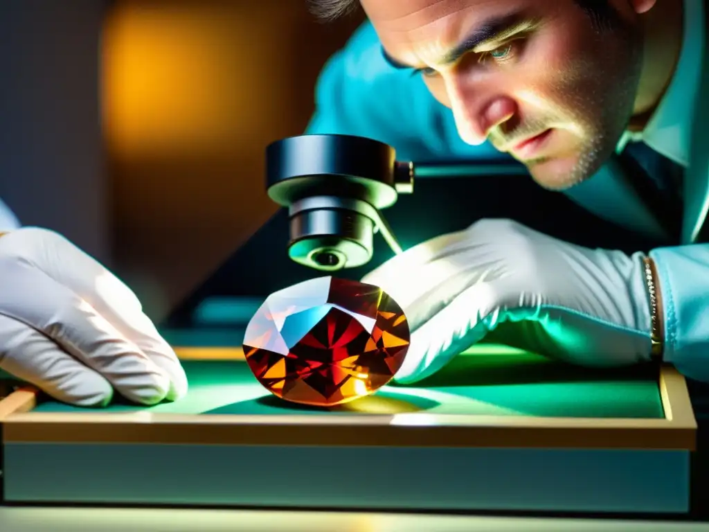 Exquisita gema bajo microscopio: experto en acción Curador examina una gema histórica bajo microscopio, mostrando su belleza y detalle