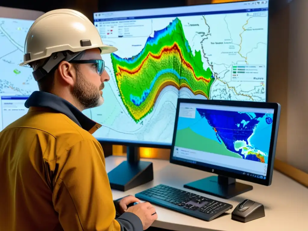 Geólogo analizando datos de mapeo geológico minero en software especializado, rodeado de equipo técnico y muestras de rocas