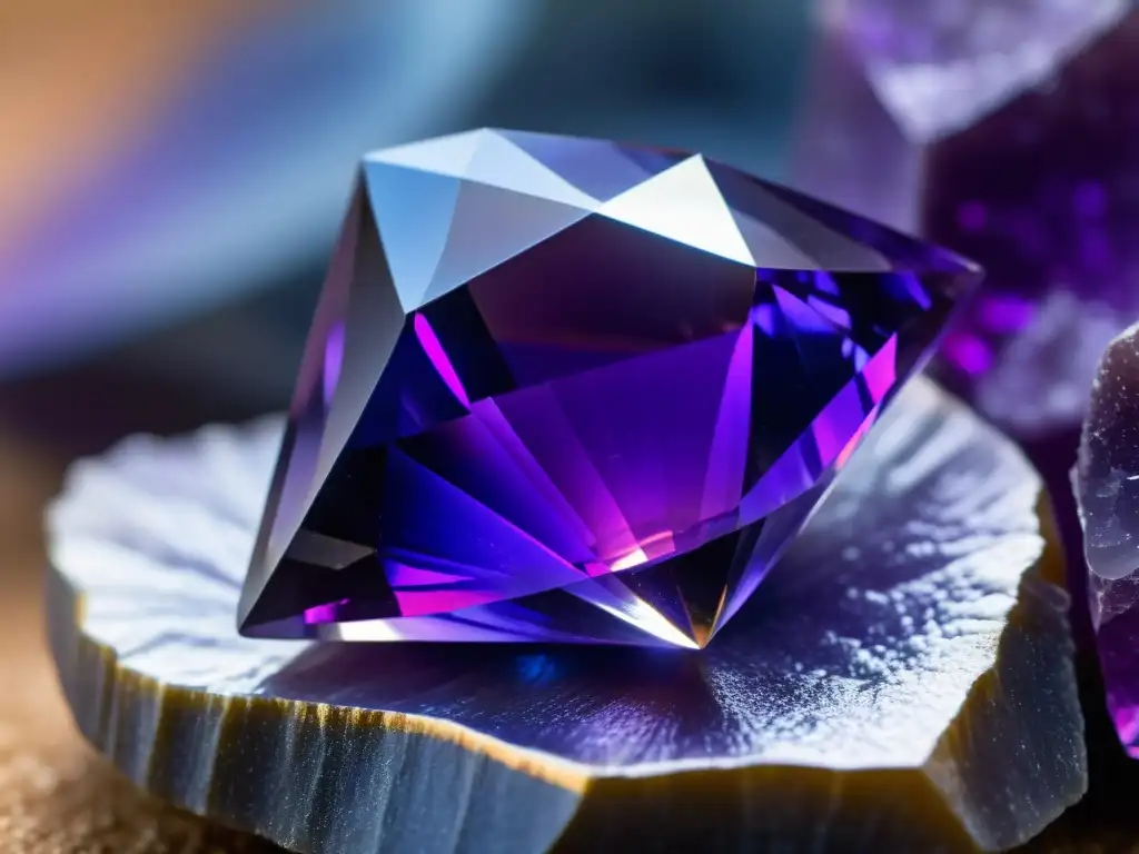 Una deslumbrante amatista sobre minerales iridiscentes: estética y valor de gemas