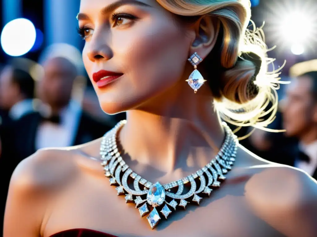 Un deslumbrante collar de diamantes lucido por una estrella de cine en la alfombra roja, reflejando lujo y elegancia