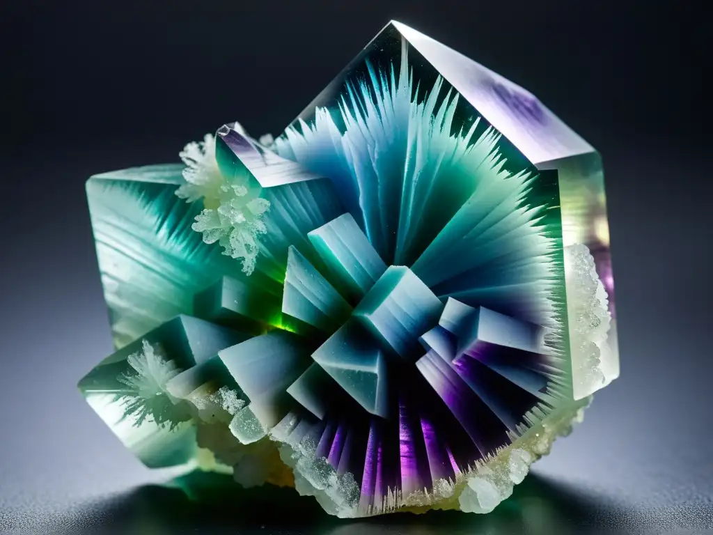 Deslumbrante cristal de fluorita en tonos morados, verdes y azules, iluminado sobre fondo oscuro