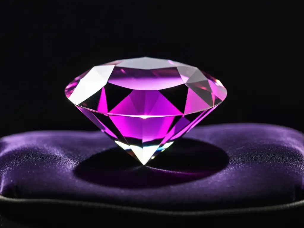 Deslumbrante diamante morado en cojín negro, reflejando luces y sombras