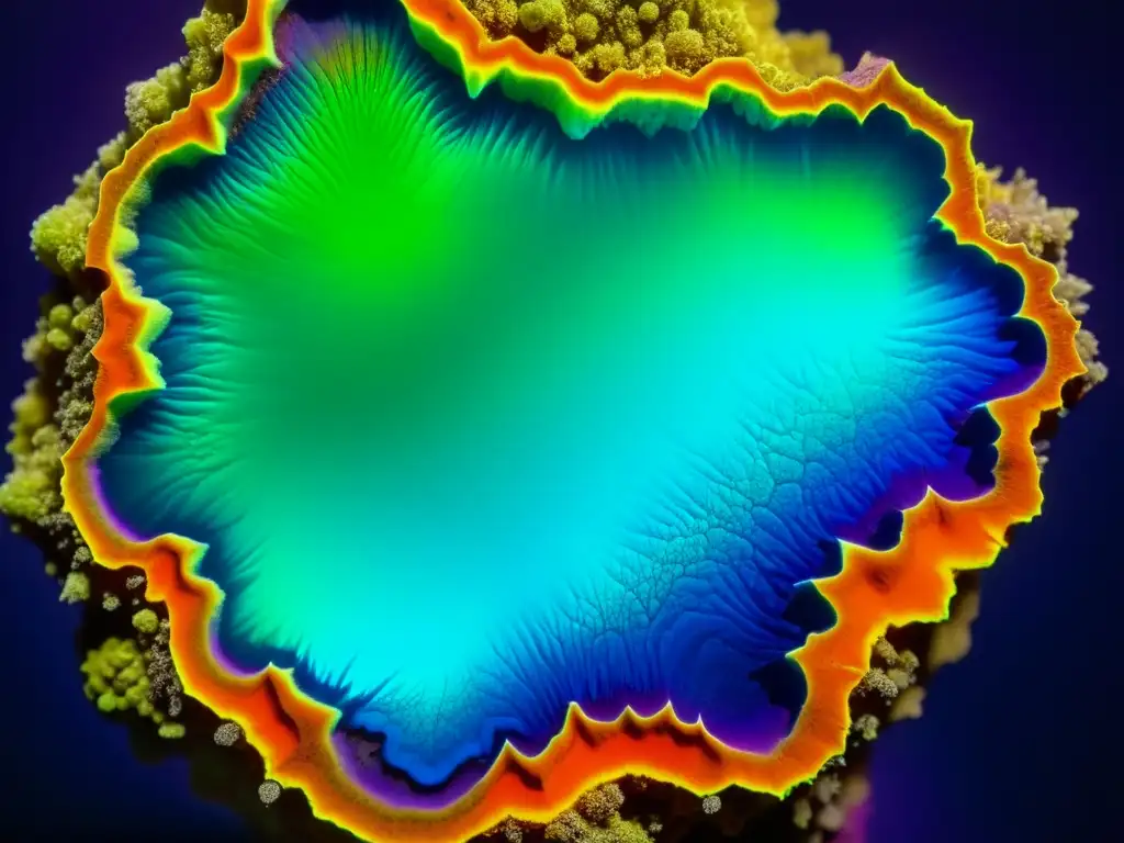 Deslumbrante fluorescencia mineral iluminada en tonos verdes, azules y naranjas, revelando su asombrosa belleza y estructura cristalina