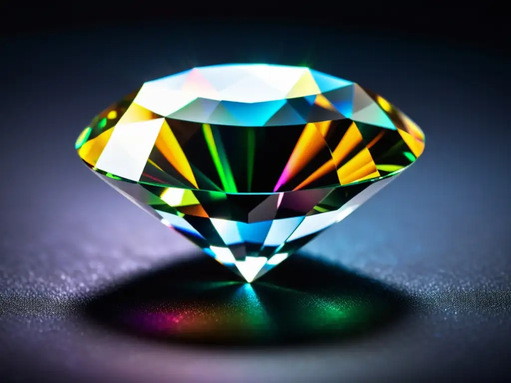 Una deslumbrante imagen de un diamante perfectamente cortado sobre un cojín de terciopelo negro, iluminado por un arcoíris de colores