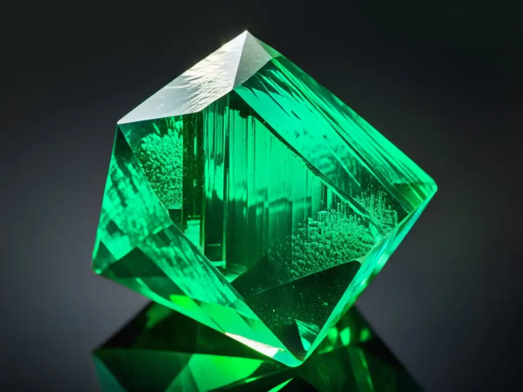 Una deslumbrante Fotografía de minerales y gemas: un cristal de esmeralda vibrante en un fondo oscuro, reflejando un caleidoscopio de tonos verdes