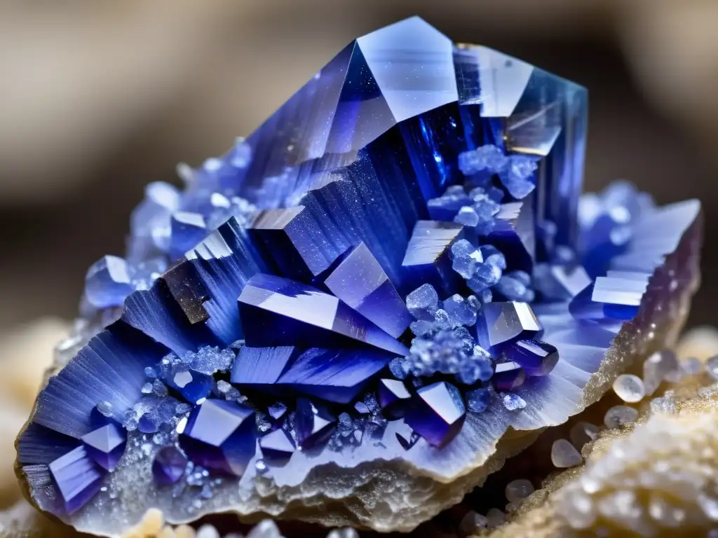 Una deslumbrante tanzanita cruda en su roca anfitriona, revelando su belleza azulvioleta y estructura cristalina