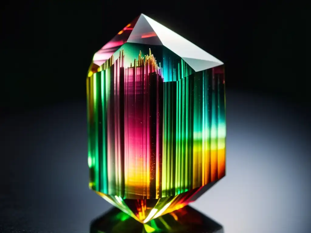 Una deslumbrante turmalina multicolor brilla con la luz, exhibiendo sus vibrantes tonos y estructura prismática