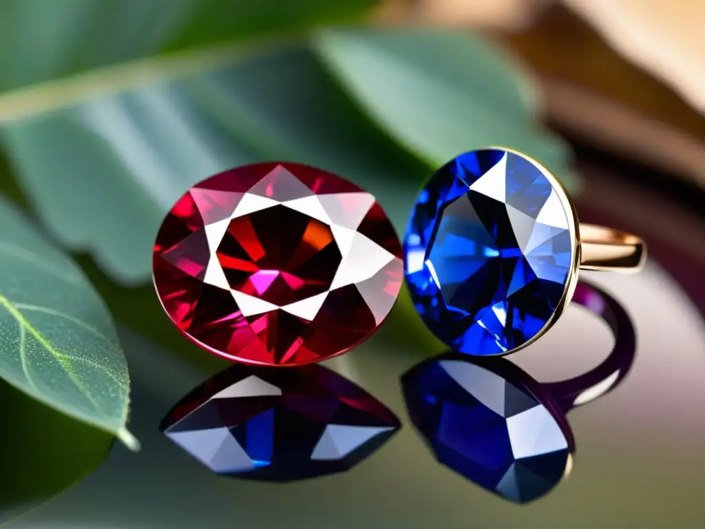 Exquisita belleza: rubí y zafiro en alta resolución Dos deslumbrantes gemas, un rubí rojo intenso y un zafiro azul profundo, resplandecen en la luz, destacando el valor del corindón en joyería