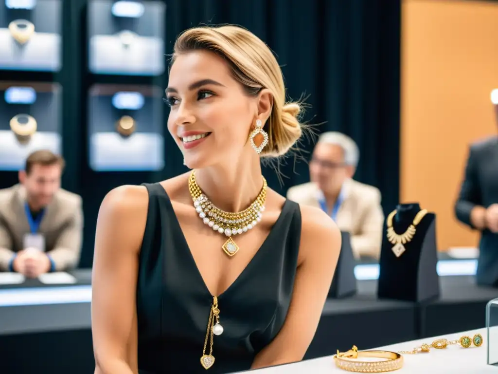 Una destacada influencer de joyería cautiva a su audiencia en un elegante stand, ilustrando el mundo del marketing de influencia en joyería