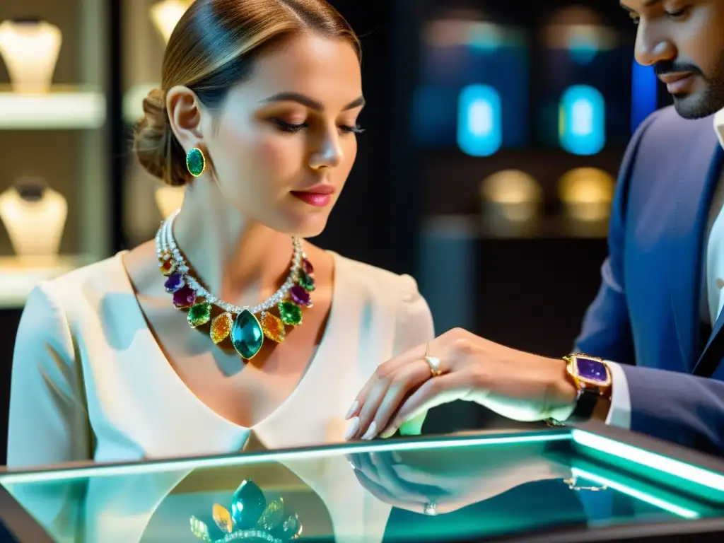 Examinación detallada de collar de gemas con influencia cultural, en elegante sala de joyería