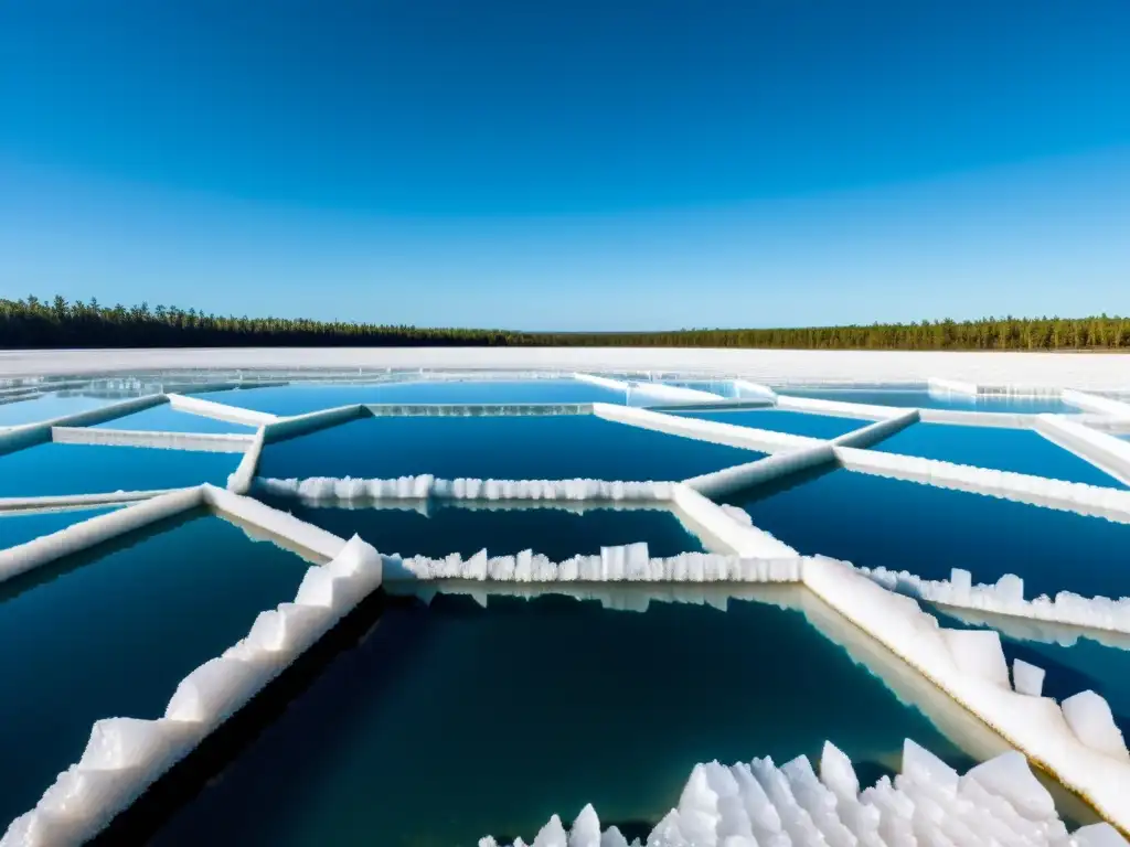 Detallada formación de cristales de halita en un estanque de salinidad, con patrones geométricos, luz reluciente y trabajadores en actividad