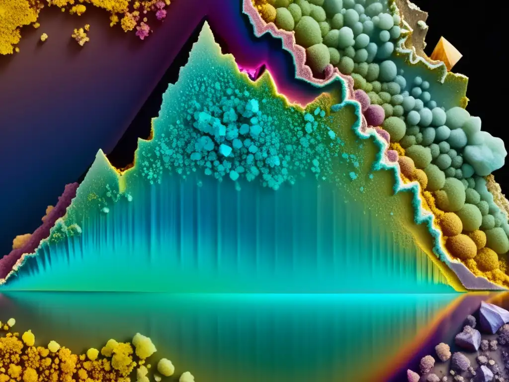 Detallada estructura cristalina y propiedades químicas de minerales y elementos de transición, con colores vibrantes y texturas detalladas