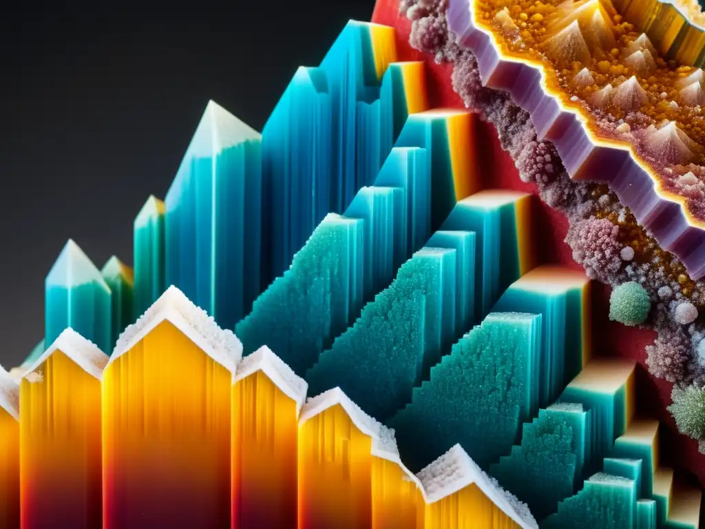 Una fotografía detallada de una formación cristalina de minerales, con patrones geométricos y colores vibrantes