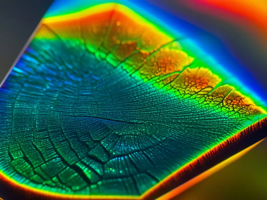 Detallada imagen de ammolita con colores iridiscentes y estructura fosilizada, capturando la belleza natural en la Feria Europea Minerales Múnich