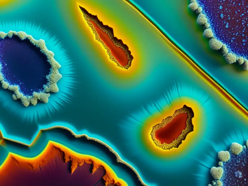 Detallada imagen de una fina lámina de mineral arcilloso bajo microscopio polarizador, resaltando la composición química y texturas vibrantes