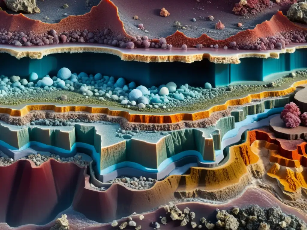 Detallada imagen de formaciones minerales en zona de subducción, revelando la química y colores vibrantes de los minerales