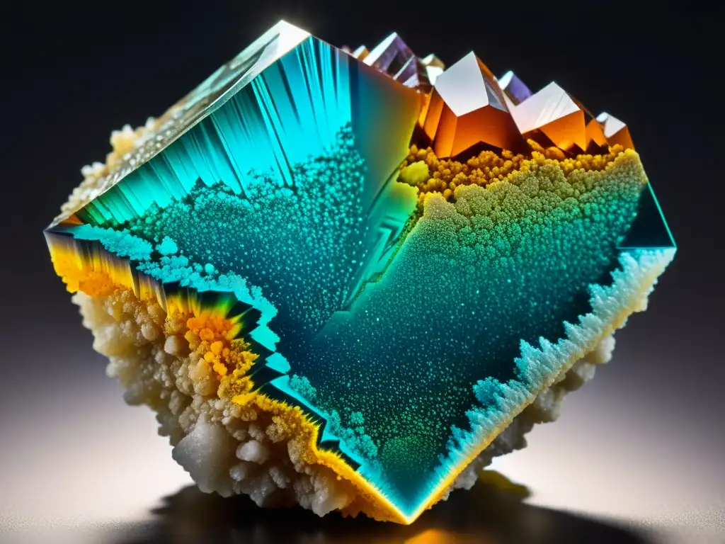 Detallada imagen de un mineral raro iluminado por la luz natural, con colores vibrantes y estructura cristalina única