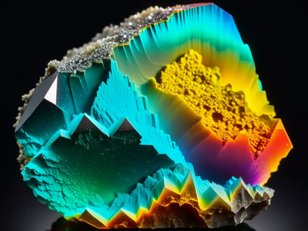 Detallada imagen de un raro mineral con pigmentaciones únicas y vibrantes, mostrando su estructura cristalina bajo distintas luces