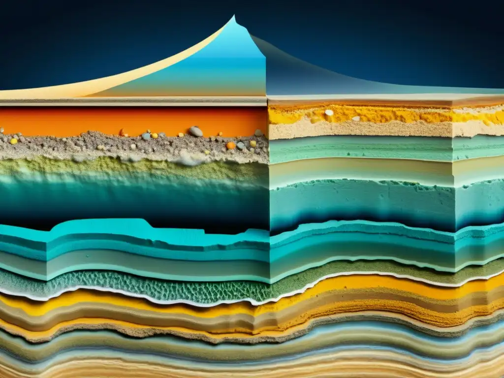 Detallada sección transversal de depósitos minerales en ambientes marinos, revelando la compleja composición de minerales en capas de sedimento marino