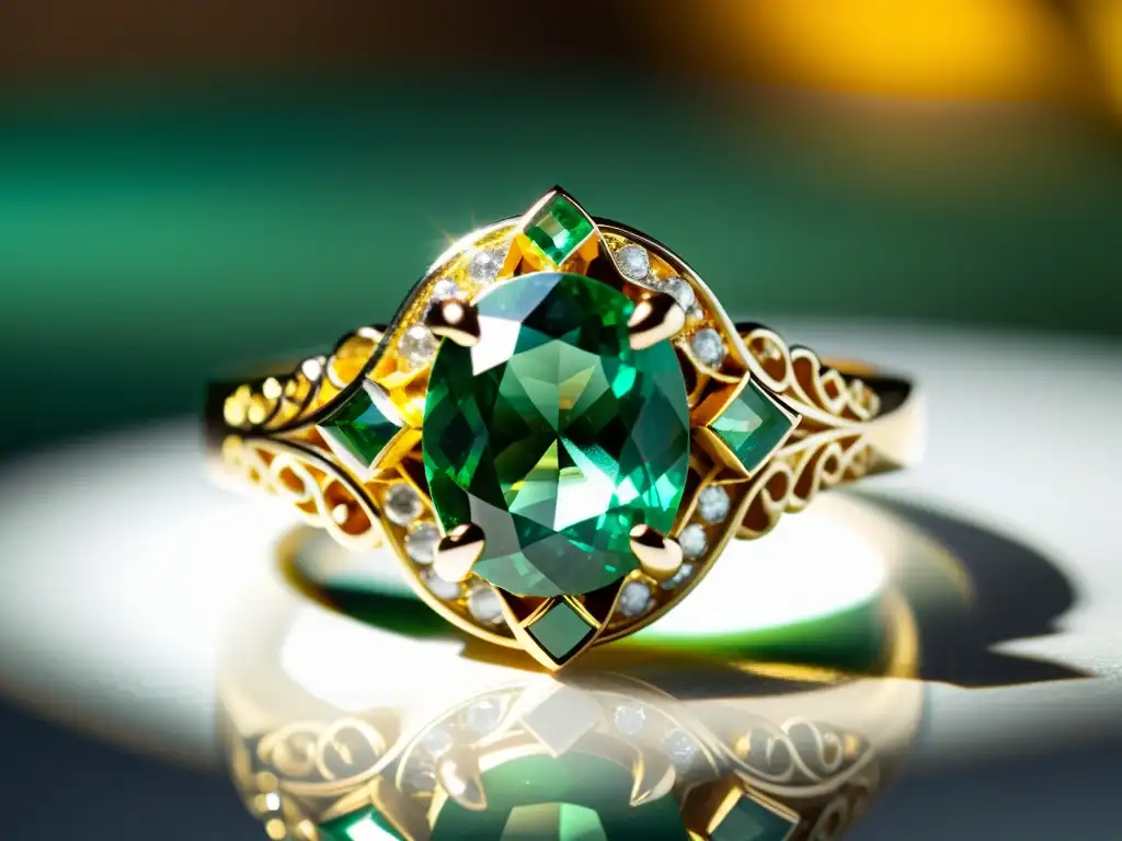 Una fotografía detallada de un vibrante y multifacético esmeralda en un anillo de oro, resaltando la artesanía y la belleza del emerald