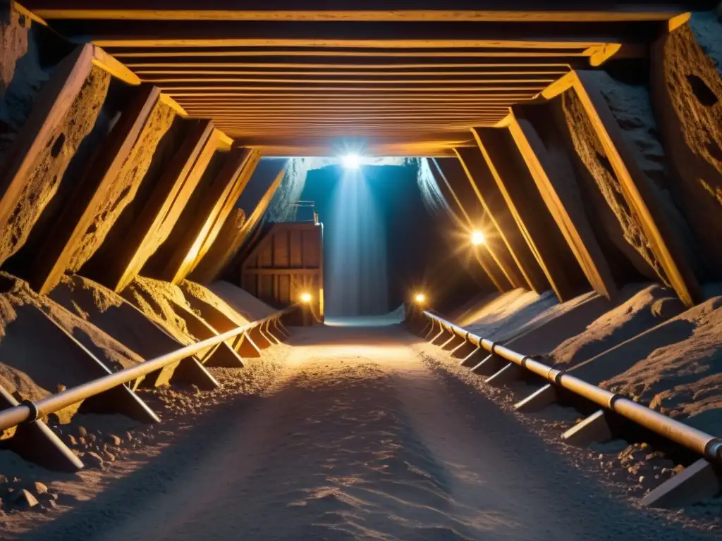 Detalle de la acústica en la minería tradicional: túnel de mina iluminado por lámparas de minero, con paredes rocosas y vigas de madera