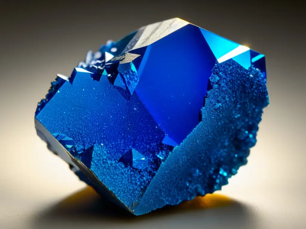 Detalle en alta resolución de un cristal de azurita azul, mostrando su estructura cristalina y la absorción de luz en minerales