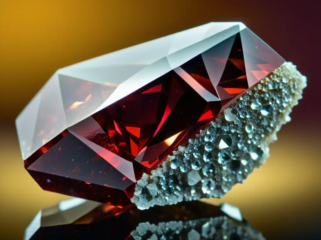 Garnet: belleza roja y estructura cristalina Detalle en alta resolución de un granate áspero, revelando su intenso color rojo y estructura cristalina