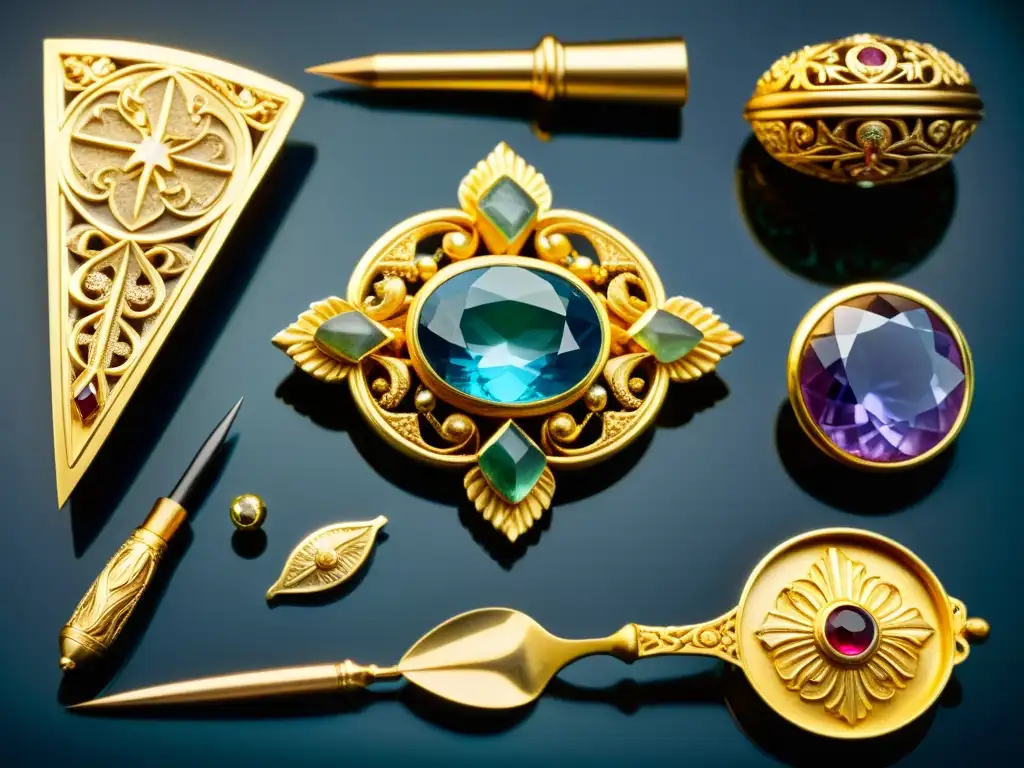 Reliquia ancestral: gemas preservadas con esmero Detalle de antigua gema tallada en oro, resaltando preservación de patrimonio cultural