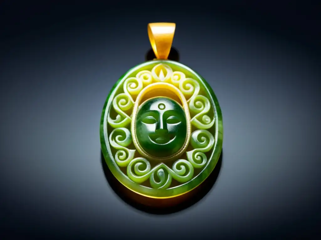 Detalle de un antiguo colgante de jade mesoamericano, resaltando la artesanía y la importancia cultural de las culturas ancestrales y gemas ferias