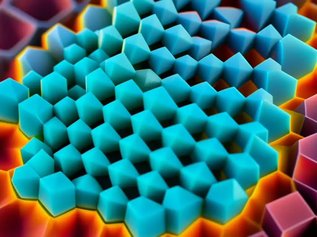 Detalle asombroso de la estructura cristalina de un mineral de fosfato, resaltando sus colores vibrantes y patrón de lattice