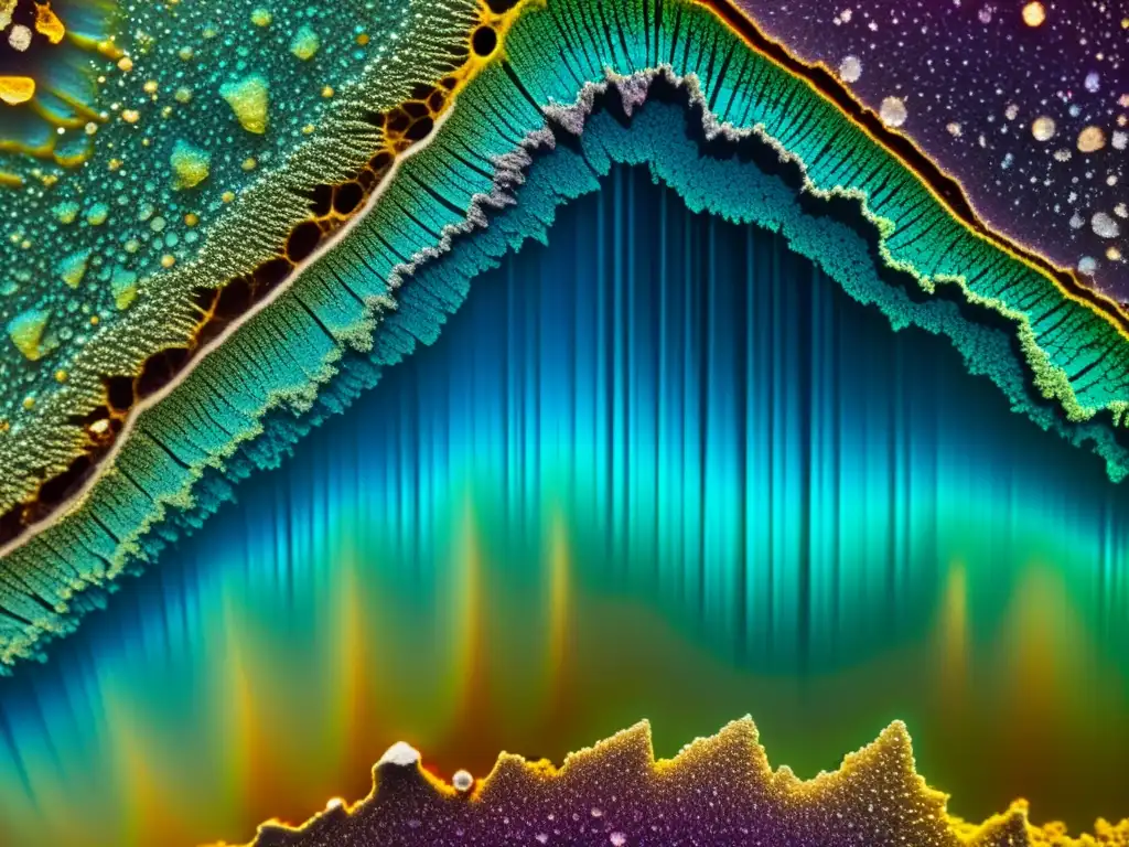 Detalle asombroso de la anisotropía e isotropía en minerales bajo microscopio polarizador, con patrones de birrefringencia y colores de interferencia