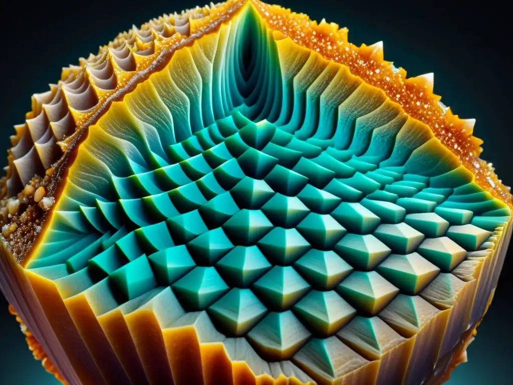 Detalle asombroso de un mineral de ciclosilicato, con estructuras únicas y colores vibrantes en 8k