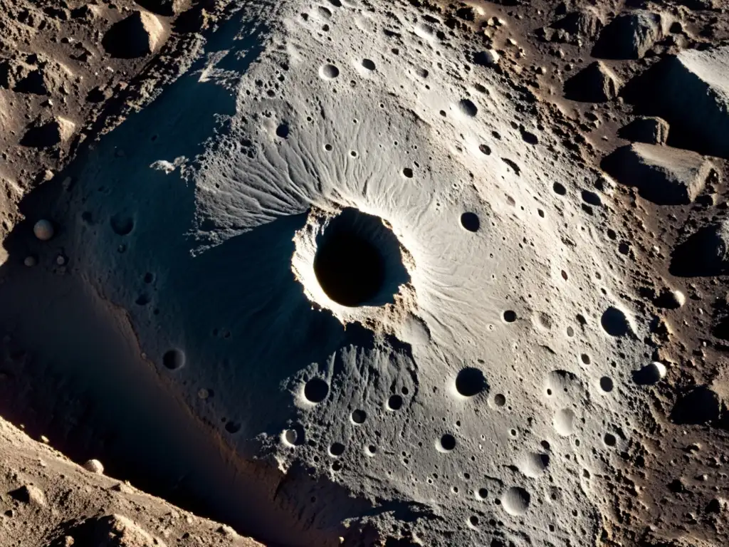 Detalle asombroso de minerales en el cinturón de asteroides en la superficie de Ceres, con formaciones geológicas y contrastes impresionantes