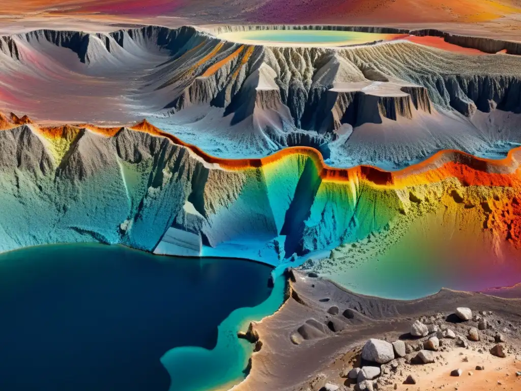 Detalle asombroso de minerales silicatos en la corteza terrestre, con vibrantes colores y etiquetas detalladas