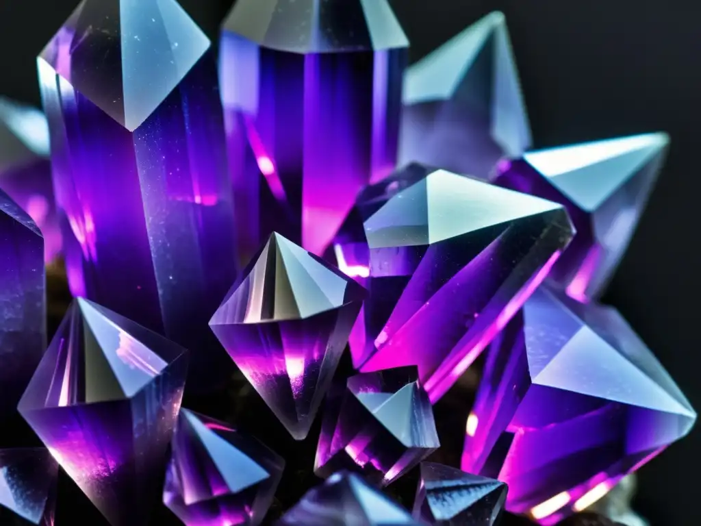 Detalle de amethysts brillantes en contraste con fondo oscuro