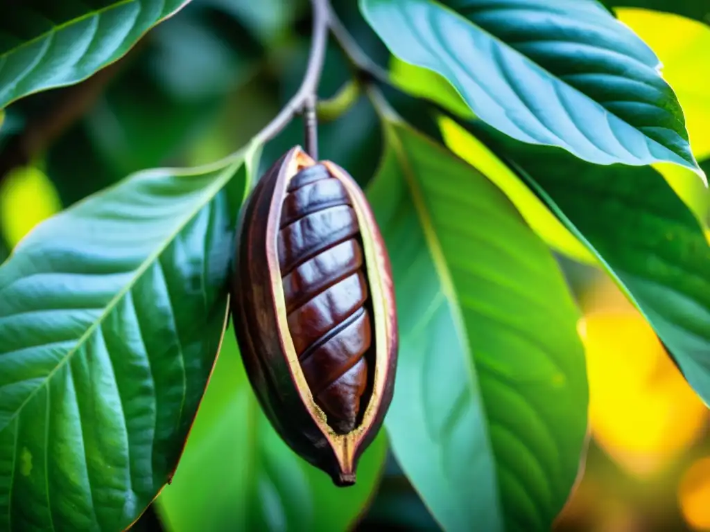 Detalle de un cacao maduro en un árbol, con hojas verdes vibrantes y luz solar