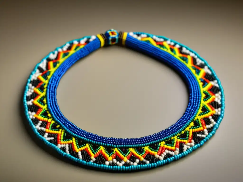 Detalle de collar Maasai con influencia cultural en joyería: artesanía detallada y colores vibrantes destacan la rica tradición