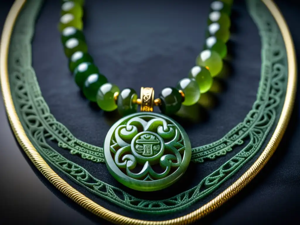 Detalle de collar maya de jade en fondo de terciopelo, reflejando la influencia cultural y estética de minerales en joyería tradicional