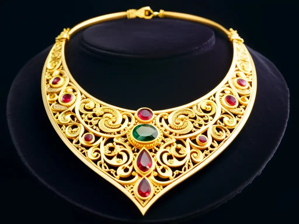 Detalle de collar de oro con filigrana y gemas sobre terciopelo oscuro, joyería como expresión artística