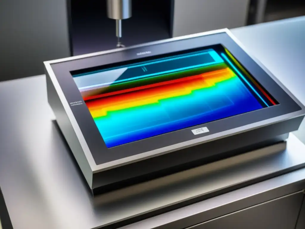 Detalle colorido de un análisis espectrográfico de minerales en un espectrómetro, mostrando la composición química con precisión científica