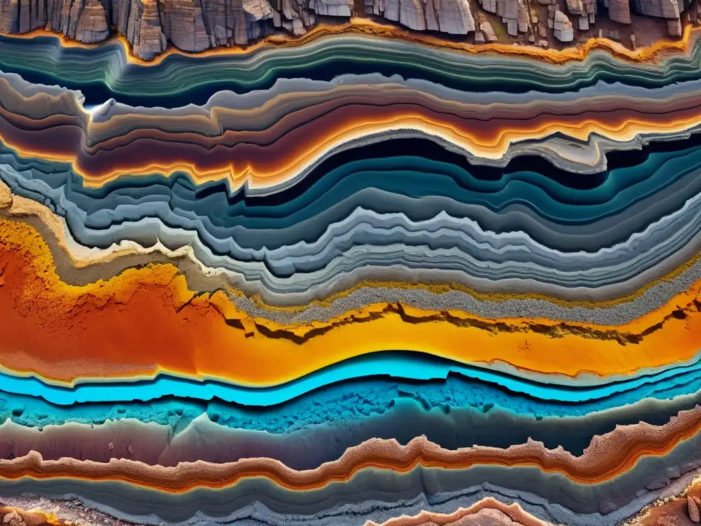 Detalle colorido de capas de rocas ígneas, sedimentarias y metamórficas