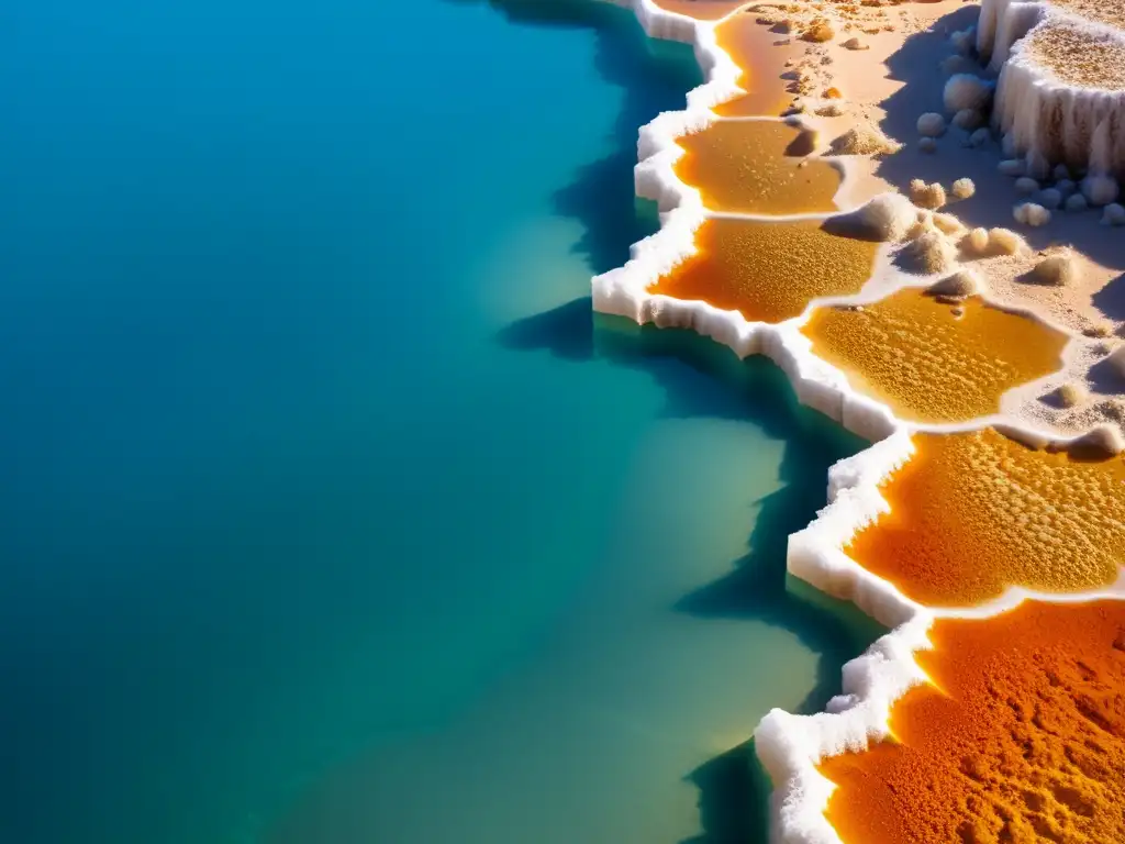 Detalle de cristales de halita en formación en piscina de agua salada, resaltando la salinidad y precipitación de minerales halógenos