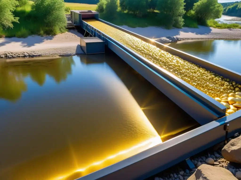Detalle de una esclusa moderna en acción, capturando oro en el río