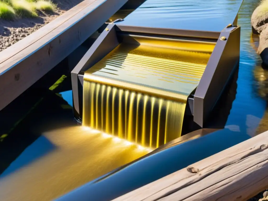 Detalle de esclusa de oro en acción, capturando destellos de oro en agua