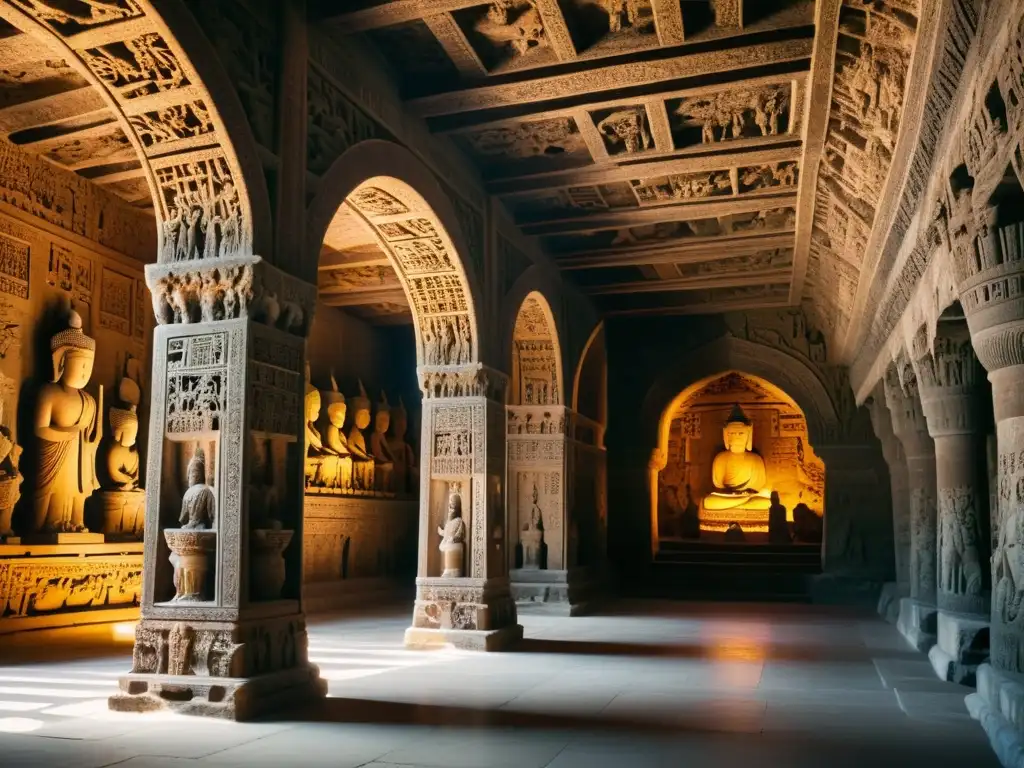 Detalle de las esculturas en la Gruta de Longmen, China, resaltadas por la luz solar