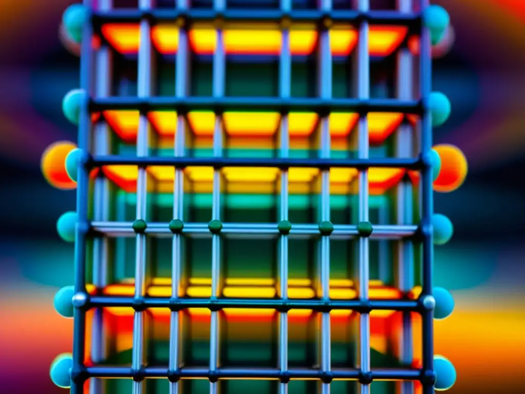 Detalle de una estructura de cristal de circonio con usos en tecnología, mostrando patrones geométricos y colores vibrantes