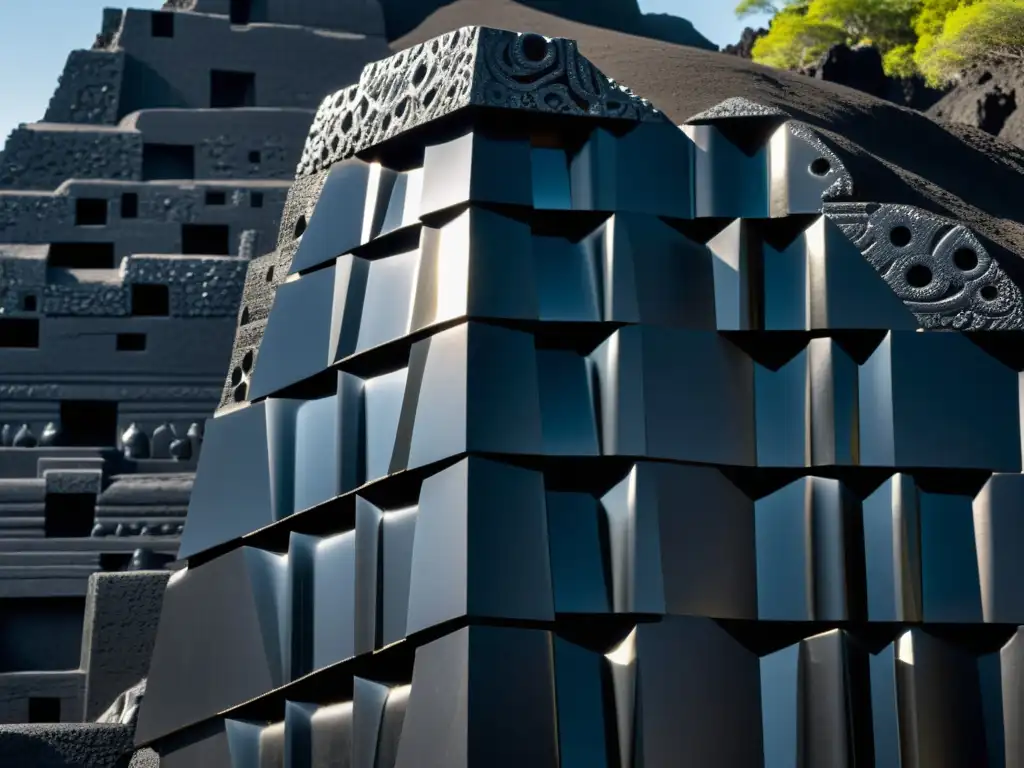 Detalle de estructuras mesoamericanas construidas con obsidiana, mostrando su uso histórico y potencial actual en la arquitectura